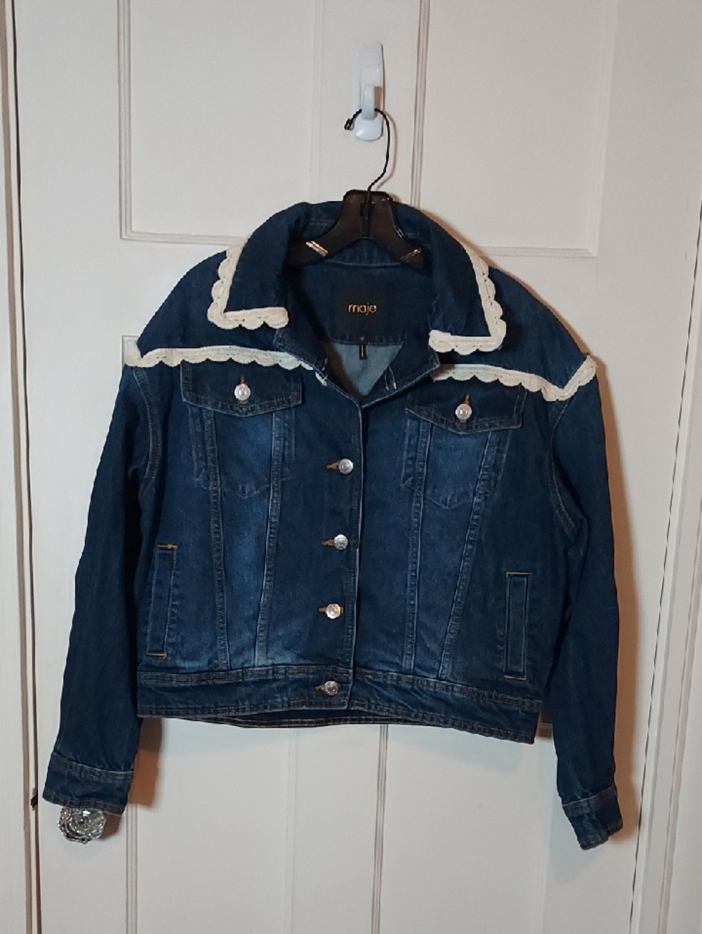 Maje Denim Jacket With Crochet Hook Finishes Size 40 US Sz Large - Picture 5 of 16
